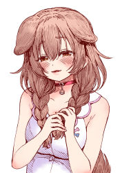 Rule 34 | 1girl, animal ears, bare arms, bare shoulders, blush, braid, brown hair, choker, dog ears, dog tail, half-closed eyes, highres, hololive, inugami korone, inugami korone (1st costume), long hair, looking at viewer, red choker, sabaku chitai, simple background, smile, solo, tail, twin braids, upper body, virtual youtuber, white background