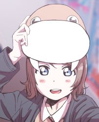 Rule 34 | 10s, 1girl, :d, absurdres, animal hat, bad id, bad pixiv id, blue eyes, blurry, blurry background, blush, gamjolno, grey hair, hat, highres, jacket, long sleeves, looking at viewer, love live!, love live! sunshine!!, open mouth, reaching, reaching towards viewer, selfie, short hair, smile, solo, uchicchii, upper body, watanabe you