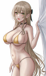 Rule 34 | 1girl, :d, bare arms, bare shoulders, bikini, black choker, blonde hair, blush, breasts, choker, cleavage, collarbone, commentary request, green eyes, hair ornament, highres, large breasts, long hair, looking at viewer, navel, open mouth, original, selcky, sideboob, smile, stomach, swimsuit, thighs, underboob, white background, yellow bikini