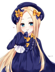 Rule 34 | 1girl, :p, abigail williams (fate), absurdres, azetsuraito, bad id, bad pixiv id, black bow, blonde hair, blue dress, blue eyes, blue hat, blush, bow, closed mouth, commentary request, dress, fate/grand order, fate (series), forehead, hair bow, hand up, hat, heart, highres, long hair, long sleeves, looking at viewer, orange bow, parted bangs, polka dot, polka dot bow, simple background, sleeves past fingers, sleeves past wrists, smile, solo, tongue, tongue out, very long hair, white background