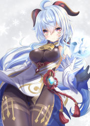 Rule 34 | 1girl, ahoge, aruka (alka p1), bare shoulders, bell, black gloves, blue hair, blush, breasts, closed mouth, commentary request, cowbell, curled horns, detached sleeves, ganyu (genshin impact), genshin impact, gloves, gluteal fold, grey background, hair between eyes, highres, horns, long hair, long sleeves, looking at viewer, medium breasts, red eyes, sleeves past wrists, smile, snowflakes, solo, thigh gap, thighs, very long hair, white sleeves, wide sleeves