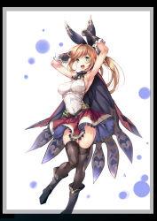 Rule 34 | 10s, 1girl, ajishio, armpits, arms up, black gloves, black thighhighs, blonde hair, blush, boots, breasts, cape, clarisse (granblue fantasy), gloves, granblue fantasy, green eyes, hair ribbon, long hair, looking at viewer, open mouth, ponytail, ribbon, skirt, smile, solo, thighhighs