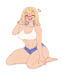 Rule 34 | 1girl, abs, bare arms, bare legs, bare shoulders, barefoot, blonde hair, breasts, cleavage, crop top, denim, denim shorts, full body, glasses, hand in own hair, hand up, hanzo (2929), highres, kneeling, medium breasts, medium hair, midriff, muscular, muscular female, one eye closed, open mouth, original, pink eyes, short shorts, shorts, simple background, sitting, solo, star (symbol), wariza, white background