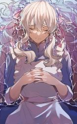 Rule 34 | 1girl, apron, crying, dress, closed eyes, highres, hii (aisiteru6918moon), kagerou project, kozakura marry, lying on water, ribbon, shallow water, sleeves rolled up, solo, tears, water, white hair