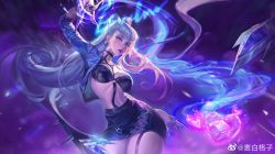 Rule 34 | 1girl, absurdres, cropped jacket, demon girl, evelynn (league of legends), garter straps, highres, k/da (league of legends), k/da evelynn, kneehighs, league of legends, long hair, looking at viewer, mai bai ge, open clothes, revealing clothes, skirt, socks, solo, the baddest evelynn, yellow eyes