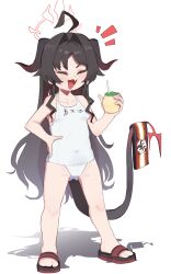 Rule 34 | 1girl, absurdres, ahoge, alternate color school swimsuit, alternate costume, black hair, blue archive, breasts, closed eyes, commentary, covered navel, cup, demon girl, demon horns, demon tail, drinking straw, fang, full body, hair intakes, halo, hand on own hip, happy, highres, holding, holding cup, horns, kasumi (blue archive), long hair, lulubelleiii, name tag, notice lines, one-piece swimsuit, open mouth, red halo, sandals, school swimsuit, shadow, simple background, small breasts, solo, standing, swimsuit, tail, tail raised, very long hair, white background, white one-piece swimsuit
