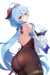 Rule 34 | 1girl, absurdres, ahoge, armpit crease, ass, back, backless leotard, bare shoulders, black gloves, black leotard, blue hair, breasts, brown pantyhose, closed mouth, cowboy shot, cupping hands, detached sleeves, from behind, ganyu (genshin impact), genshin impact, gloves, goat horns, highleg, highleg leotard, highres, horns, huge ass, leotard, long hair, long sleeves, looking at viewer, looking back, medium breasts, orb, own hands together, pantyhose, purple eyes, smile, solo, somyo (s0my0), standing, thighlet, very long hair