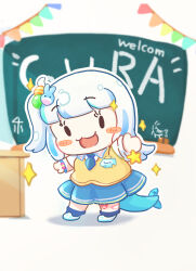 Rule 34 | 1girl, :d, absurdres, blue hair, blue necktie, blue skirt, blunt bangs, blush stickers, chalkboard, chibi, chibi only, commentary request, fins, fish tail, gawr gura, gawr gura (school uniform), grey hair, hair ornament, hairclip, highres, hololive, hololive english, hosizora, long hair, miniskirt, multicolored hair, necktie, official alternate costume, official alternate hairstyle, one side up, open mouth, pleated skirt, rabbit hair ornament, school uniform, shark tail, shirt, shoes, short necktie, short sleeves, skirt, smile, solid oval eyes, solo, streaked hair, sweater vest, tail, uniform, uwabaki, vest, virtual youtuber, white shirt, yellow vest