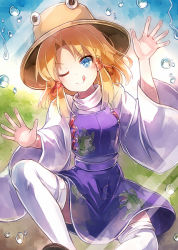 Rule 34 | 1girl, 60mai, air bubble, blonde hair, blue eyes, bubble, hair ribbon, hat, licking lips, long sleeves, looking at viewer, moriya suwako, one eye closed, purple skirt, red ribbon, ribbon, skirt, skirt set, smile, solo, thighhighs, tongue, tongue out, touhou, tress ribbon, underwear, vest, white thighhighs, wide sleeves