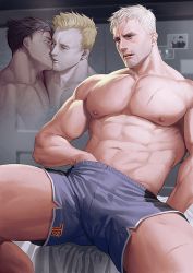 Rule 34 | 2boys, aged down, bara, blue male underwear, foreshortening, hand under clothes, highres, kiss, large pectorals, looking away, male focus, male masturbation, male underwear, masturbation, multiple boys, muscular, muscular male, nipples, overwatch, overwatch 1, pectorals, photo (object), realistic, scar, scar on chest, scar on face, short hair, sitting, soldier: 76 (overwatch), spread legs, thighs, underwear, white hair, yaoi