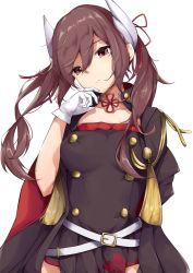 Rule 34 | 1girl, arm behind back, azur lane, bell, belt, blush, breasts, brown hair, closed mouth, collarbone, expressionless, gloves, hair between eyes, hair ribbon, hand on own face, haruna (azur lane), head tilt, highres, horns, hoshimiya mashiro, long hair, long sleeves, looking at viewer, medium breasts, multiple belts, red eyes, ribbon, sidelocks, simple background, solo, tassel, twintails, upper body, white background, white gloves, wide sleeves