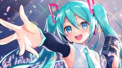 Rule 34 | 1girl, aqua eyes, aqua hair, aqua nails, aqua necktie, aqua trim, bare shoulders, black headphones, black sleeves, collared shirt, concert, confetti, detached sleeves, foreshortening, gen (gen m gen), hair between eyes, hair ornament, hatsune miku, hatsune miku (vocaloid4), headset, highres, holding, holding microphone, indoors, long hair, long sleeves, looking at viewer, microphone, necktie, open mouth, outstretched arm, reaching, reaching towards viewer, shirt, sleeveless, sleeveless shirt, smile, solo, sparkle, teeth, twintails, upper body, upper teeth only, vocaloid, white shirt