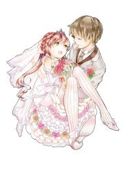 Rule 34 | 1boy, 1girl, bad id, bad pixiv id, bare shoulders, bouquet, bridal veil, brown hair, carrying, closed eyes, couple, dress, earrings, elbow gloves, flower, formal, gloves, hetero, jewelry, long hair, mijinkouka, necktie, open mouth, original, pantyhose, princess carry, red hair, smile, striped clothes, striped legwear, striped pantyhose, tiara, transparent background, veil, vertical-striped clothes, vertical-striped pantyhose, wedding dress, white background, white gloves, white pantyhose, yellow eyes