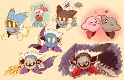 Rule 34 | 5boys, cape, dark meta knight, galaxia (sword), high five, holding, holding sword, holding weapon, kirby, kirby (series), kirby and the amazing mirror, magolor, marx (kirby), multiple boys, multiple views, nintendo, rayman limbs, shadow kirby, sword, torn cape, torn clothes, weapon, yellow eyes