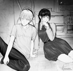 Rule 34 | 1boy, 1girl, absurdres, black hair, blush, chainsaw man, closed mouth, denji (chainsaw man), dress, fourth east high school uniform, greyscale, highres, instagram logo, instagram username, long hair, looking away, looking to the side, low twintails, marvin (omarvin), mitaka asa, monochrome, pinafore dress, school uniform, short hair, signature, sleeveless dress, twintails, twitter logo, twitter username, white hair
