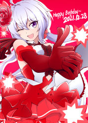 Rule 34 | 1girl, absurdres, breasts, dated, dress, elbow gloves, finger gun, flower, ginga no kou, gloves, grey hair, hair flower, hair ornament, happy birthday, highres, looking at viewer, low twintails, medium breasts, open mouth, purple eyes, red background, red dress, red gloves, senki zesshou symphogear, smile, solo, twintails, yukine chris