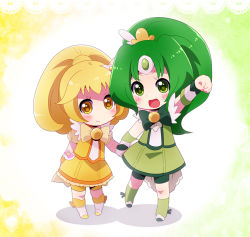 Rule 34 | 10s, 2girls, arm up, bike shorts, blonde hair, blush, bow, bowtie, brooch, chibi, cure march, cure peace, dress, gradient background, green background, green dress, green eyes, green hair, holding hands, jewelry, kise yayoi, long hair, magical girl, midorikawa nao, mogiki hayami, multiple girls, open mouth, ponytail, precure, shoes, shorts, shorts under skirt, skirt, smile, smile precure!, star (symbol), yellow background, yellow dress, yellow eyes