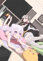 2girls absurdres azur_lane black_dress black_ribbon blue_eyes breasts bright_pupils closed_mouth commentary_request cross-shaped_pupils dot_mouth double_bun dress dutch_angle formidable_(azur_lane) grey_hair hair_bun hair_ribbon highres large_breasts le_malin_(azur_lane) le_malin_(sleepy_sunday)_(azur_lane) long_hair looking_at_viewer lying manjuu_(azur_lane) multiple_girls official_alternate_costume on_floor on_side on_stomach open_mouth petticoat red_eyes ribbon sachiko_(54knot_kokeshi) symbol-shaped_pupils tablet_pc television thighhighs twintails very_long_hair white_hair white_pupils white_thighhighs