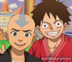 Rule 34 | 2boys, aang, alternate costume, artist name, avatar: the last airbender, avatar legends, bald, black hair, crossover, facial mark, facial scar, hand on another&#039;s shoulder, head tattoo, highres, looking at viewer, monkey d. luffy, multiple boys, one piece, one piece (live action), open mouth, outdoors, scar, scar on cheek, scar on face, ship, short hair, sidmurphyx, smile, tattoo, teeth, thousand sunny, watercraft