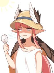 Rule 34 | 1girl, 7dango7, alternate costume, bare shoulders, blonde hair, blush, camisole, circe (fate), closed mouth, collarbone, commentary request, ear blush, electric fan, fate/grand order, fate (series), feathered wings, hand fan, hat, holding, holding fan, hot, long hair, looking ahead, multicolored hair, pink hair, pointy ears, sidelocks, simple background, solo, strap slip, sun symbol, sweat, upper body, white background, white camisole, winged hat, wings