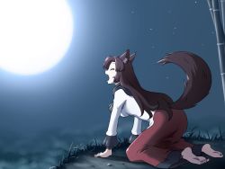 Rule 34 | 1girl, all fours, animal ear fluff, animal ears, bamboo, barefoot, blouse, brooch, brown hair, closed eyes, full moon, howling, imaizumi kagerou, jewelry, long sleeves, moon, night, open mouth, shirosato, shirt, skirt, sky, solo, star (sky), starry sky, tail, touhou, white shirt, wide sleeves, wolf ears, wolf tail