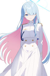 Rule 34 | 1girl, absurdres, aiguillette, akagi koku, asymmetrical bangs, blue archive, blue eyes, blue hair, braid, colored inner hair, commentary request, cropped jacket, dress, epaulettes, feet out of frame, general student council president (blue archive), hair over one eye, halo, highres, jacket, long hair, long sleeves, looking at viewer, multicolored hair, parted lips, pink hair, simple background, solo, white background, white dress, white jacket