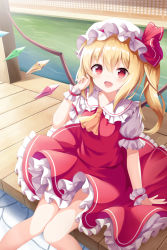 Rule 34 | 1girl, blonde hair, blush, collar, crystal, dress, eyes visible through hair, flandre scarlet, hair between eyes, hand up, hat, hat ribbon, highres, jewelry, knees together feet apart, light, lolita fashion, looking at viewer, mob cap, multicolored wings, one side up, open mouth, puffy short sleeves, puffy sleeves, red dress, red eyes, red ribbon, ribbon, road, shadow, short hair, short sleeves, sitting, smile, solo, sunlight, touhou, water, white hat, wings, wrist cuffs, yasuharasora, yellow neckwear