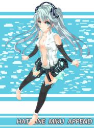 Rule 34 | 1girl, aqua eyes, aqua hair, barefoot, breasts, center opening, cleavage, elbow gloves, fingerless gloves, gloves, hatsune miku, hatsune miku (append), highres, long hair, looking at viewer, maya (bicycle install), solo, twintails, very long hair, vocaloid, vocaloid append