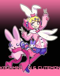 Rule 34 | cutemon, digimon, digimon (creature), headphones, highres, kagamine rin, looking at viewer, scarf, smile, v, vocaloid