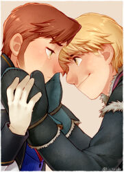 Rule 34 | 2boys, comforting, couple, eye contact, from side, frozen (disney), gloves, hands on another&#039;s cheeks, hands on another&#039;s face, hans (frozen), heads together, jitome, kiri futoshi, kristoff (frozen), long sideburns, looking at another, male focus, multiple boys, short hair, sideburns, smile, tearing up, yaoi