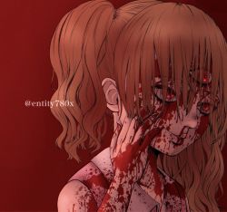 Rule 34 | 1girl, blood, blood on clothes, blood on face, brown hair, charlotte pudding, drill hair, extra eyes, one piece, red background, red eyes, solo, third eye, tsan (entity780x)