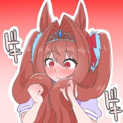 Rule 34 | 1girl, blush, bow, brown hair, closed mouth, commentary request, daiwa scarlet (umamusume), fang, fang out, gradient background, hair between eyes, hair bow, hair intakes, hands up, highres, holding, holding own hair, itota art, long hair, nose blush, outline, pink background, puffy short sleeves, puffy sleeves, red background, red bow, red eyes, school uniform, short sleeves, solo, tiara, tracen school uniform, twintails, umamusume, upper body, white outline