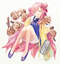 Rule 34 | 1girl, absurdres, bare legs, beer can, blue shirt, can, cinnamon roll, closed eyes, coat, double bun, drink can, food, full body, hair bun, highres, kazuka, knees up, long hair, open mouth, original, pastry, pink hair, pink nails, shirt, shorts, sleeves past wrists, solo, very long hair, white shorts, yellow coat