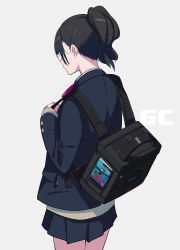 Rule 34 | 1girl, absurdres, back, backpack, bag, beige sweater, black bag, black hair, blazer, blue background, blush, book, cable, commentary request, cowboy shot, fami (yellow skies), game console, gamecube, gamecube controller, highres, holding, holding bag, in pocket, jacket, link, long hair, neck ribbon, nintendo, original, pink ribbon, pleated skirt, ponytail, ribbon, school uniform, simple background, skirt, sleeves past wrists, solo, sweater, the legend of zelda, the legend of zelda: the wind waker, toon link
