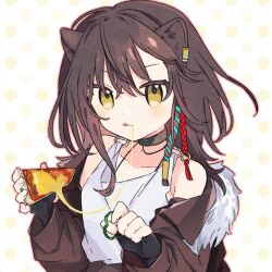 Rule 34 | 1girl, :q, animal ears, arknights, black choker, black gloves, blush, brown hair, brown jacket, choker, collarbone, dress, fingerless gloves, food, fur-trimmed jacket, fur trim, gloves, hair between eyes, holding, holding food, holding pizza, jacket, long hair, long sleeves, looking at viewer, lunacub (arknights), maguro kan, off shoulder, open clothes, open jacket, pizza, polka dot, polka dot background, solo, tongue, tongue out, upper body, white dress, wolf ears, yellow eyes