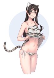 Rule 34 | 1girl, animal ears, animal print, black-framed eyewear, black hair, closed mouth, clothes lift, collarbone, cowboy shot, cropped legs, fake animal ears, glasses, green eyes, hair between eyes, highres, kantai collection, lifting own clothes, long hair, navel, ooyodo (kancolle), semi-rimless eyewear, simple background, solo, tail, tiger ears, tiger print, tiger tail, yuuji (and)