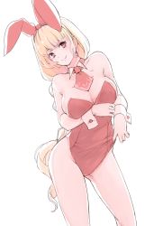 Rule 34 | 1girl, adjusting clothes, animal ears, ascot, blonde hair, blush, breasts, detached collar, fake animal ears, large breasts, leotard, long hair, original, playboy bunny, rabbit ears, red ascot, red eyes, red leotard, simple background, smile, solo, tomamatto, white background, wrist cuffs