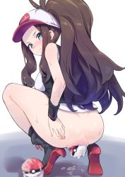 Rule 34 | 1girl, absurdres, anal, ass, baseball cap, black footwear, blue eyes, boots, bottomless, brown hair, censored, commentary request, creatures (company), from behind, game freak, hat, highres, hilda (pokemon), long hair, looking at viewer, mosaic censoring, nintendo, poke ball, pokemon, pokemon bw, ponytail, pussy juice, simple background, solo, squatting, sutora binsuke, sweat, white background, white hat