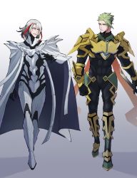 Rule 34 | 2boys, absurdres, achilles (fate), armor, cape, fate/grand order, fate (series), full body, green hair, haruakira, highres, male focus, multiple boys, no headwear, no headwear, odysseus (fate), simple background, white hair, yellow eyes