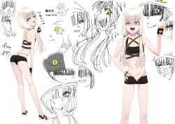 Rule 34 | 1boy, :3, androgynous, ass, ass shake, barefoot sandals (jewelry), blush, bulge, commission, eyebrows hidden by hair, fang, fingerless gloves, gloves, hokuro ryuuseigun, japanese text, laughing, long hair, looking ahead, looking at viewer, looking back, male focus, midriff, motion lines, one eye covered, open mouth, panties, pixiv commission, revealing clothes, sketch, solo, solo focus, sports bra, standing, tagme, teeth, toes, translated, twerking, twintails, underwear, upper teeth only, v, white hair, yellow eyes, yellow panties