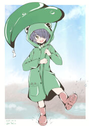 Rule 34 | 1girl, aged down, animal hood, boots, eyepatch, frog raincoat, full body, giant leaf, green raincoat, highres, holding, holding leaf, hood, kantai collection, leaf, leaf umbrella, looking at viewer, open mouth, outside border, oversized object, panties, pantyshot, purple hair, red footwear, rubber boots, short hair, skirt, smile, taira yuuki, tenryuu (kancolle), teruterubouzu, underwear, yellow eyes