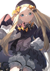 Rule 34 | 1girl, abigail williams (fate), absurdres, black bow, black dress, black hat, blonde hair, bloomers, blue eyes, blush, bow, breasts, closed mouth, dress, fate/grand order, fate (series), forehead, hair bow, hat, highres, long hair, long sleeves, looking at viewer, miyu10366, multiple hair bows, orange bow, parted bangs, ribbed dress, simple background, sleeves past fingers, sleeves past wrists, small breasts, smile, solo, underwear, very long hair, white bloomers