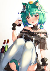 Rule 34 | 1girl, :d, absurdres, ahoge, animal, animal ears, animal on head, arm support, between legs, bird, bird on head, black dress, blue hair, blush, bow, cat ears, cat girl, cat tail, chick, collarbone, colored tips, cup, detached collar, dress, drunk, ear piercing, ear ribbon, fang, flat chest, frilled dress, frilled straps, frilled thighhighs, frills, green hair, hair ornament, highres, holding, holding cup, hololive, kimae, looking at viewer, low twintails, multicolored hair, off-shoulder dress, off shoulder, on head, open mouth, piercing, piyoko (uruha rushia), pom pom (clothes), pom pom hair ornament, red eyes, see-through, see-through sleeves, short hair, short sleeves, short twintails, sidelocks, sitting, skin fang, skull hair ornament, smile, solo, striped, tail, tail between legs, tail censor, thighhighs, twintails, uruha rushia, uruha rushia (3rd costume), vertical stripes, virtual youtuber, white thighhighs, wristband