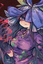 Rule 34 | 1girl, artist name, black gloves, black hair, china dress, chinese clothes, dress, flower, flower on head, gloves, heart, heart-shaped pupils, highres, long hair, looking at viewer, mame komari, open mouth, purple dress, purple eyes, purple flower, shaded face, short sleeves, signature, smirk, symbol-shaped pupils, touhou, twitter username, upper body, yomotsu hisami