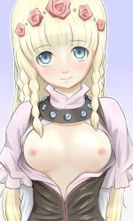 Rule 34 | blonde hair, blue eyes, blush, braid, breasts, flower, long hair, open clothes, open shirt, shirley fennes, shirt, tales of (series), tales of legendia, very long hair