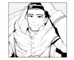 Rule 34 | 1boy, absurdres, border, cape, closed mouth, facial scar, golden kamuy, greyscale, hair slicked back, highres, jacket, long sleeves, looking at viewer, male focus, monochrome, niwarhythm, ogata hyakunosuke, sanpaku, scar, scar on cheek, scar on face, smile, solo, upper body, white border