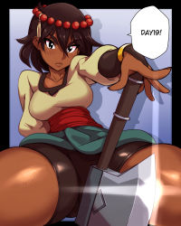 Rule 34 | 1girl, absurdres, ajna (indivisible), axe, beads, between legs, bike shorts, blue background, border, bridal gauntlets, brown hair, cheeso art, dark-skinned female, dark skin, female focus, headwear request, highres, holding, indivisible, looking at viewer, nisego, sarong, sash, sitting, skindentation, solo, speech bubble, thick thighs, thighs
