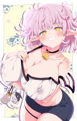 Rule 34 | 1girl, absurdres, bell, black shirt, blush, bottle, breasts, collarbone, commission, covered nipples, cow, highres, large breasts, long hair, milk bottle, neck bell, original, pink hair, pointy ears, shiro9jira, shirt, shorts, skeb commission, smile, solo, strap slip, sweat, wet, wet clothes, white shirt, yellow eyes