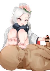 Rule 34 | 1girl, bar censor, barefoot, blue archive, censored, feet, foot worship, handjob, long hair, mutsuki (blue archive), open mouth, penis, pink hair, silver hair, smelling, soles, steam, toes