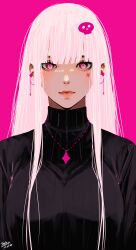 Rule 34 | 1girl, black sweater, breasts, dated, hair between eyes, hair ornament, highres, hololive, hololive english, jewelry, large breasts, lips, long hair, looking at viewer, mori calliope, necklace, parted lips, pink background, pink eyes, pink hair, ribbed sweater, signature, simple background, skull hair ornament, steb, sweater, virtual youtuber